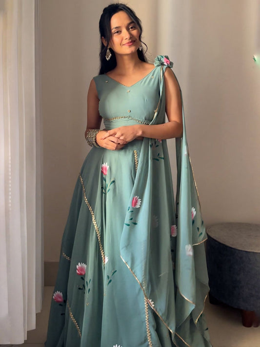 Soft Green Hand-Painted Georgette Lehenga
